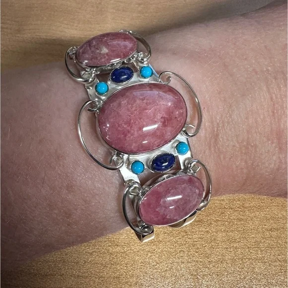 Rhodochrosite with small turquoise & lapis accents sterling silver cuff - Picture 5 of 10